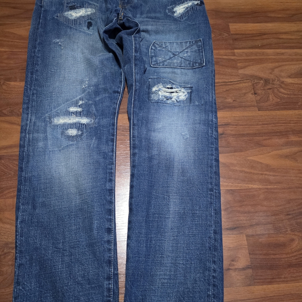 Men's Distressed Blue Denim Jeans - Casual Straight Fit